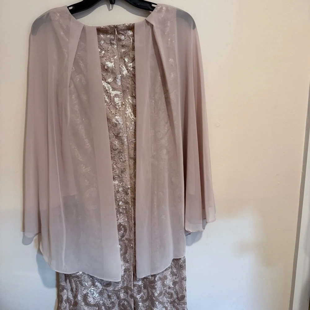 Alex Evenings Champagne Sequin Lace Chiffon Cape Sheath Dress size 6